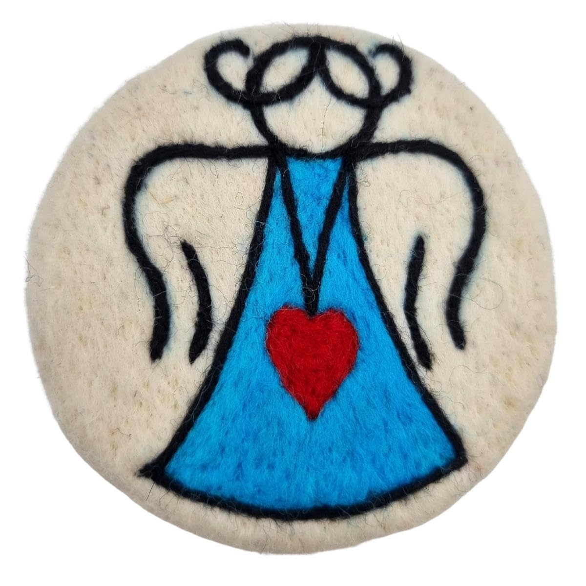 Round object with an angel design in blue and red on a white background