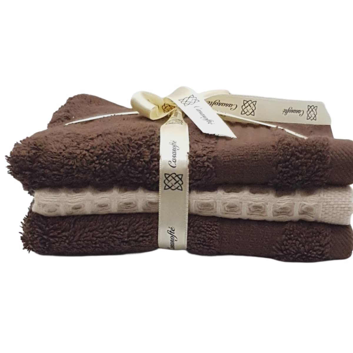 Stack of brown towels with a decorative ribbon on a white background