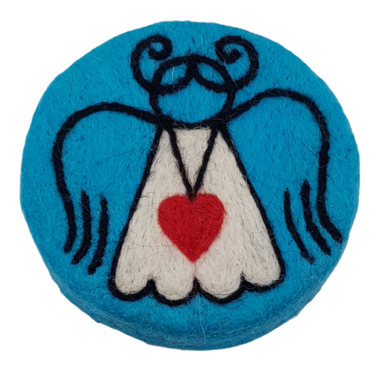 Round blue fabric patch with black outline, white center, red heart, and blue border on a white background