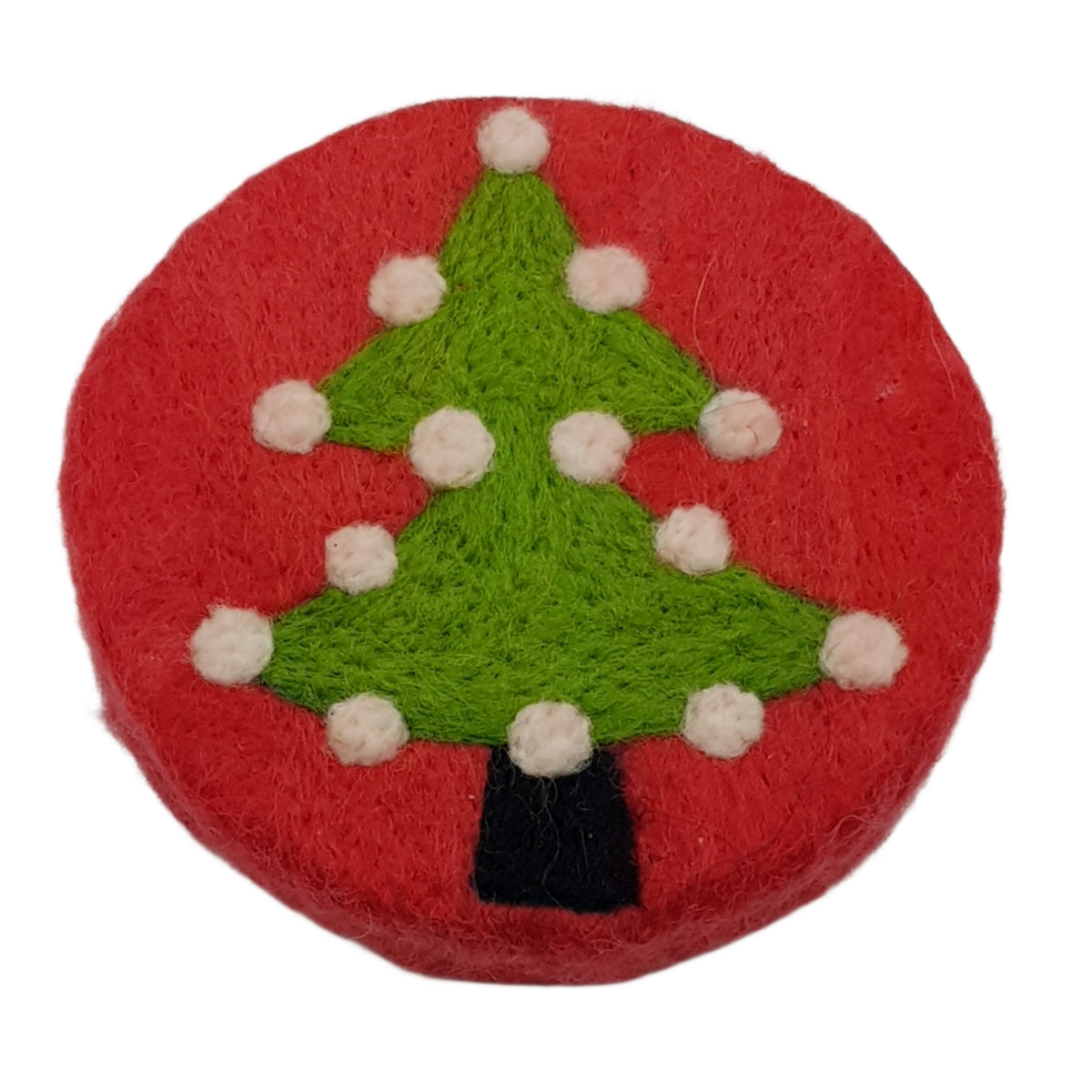 Red circular object with a green Christmas tree design on a white background