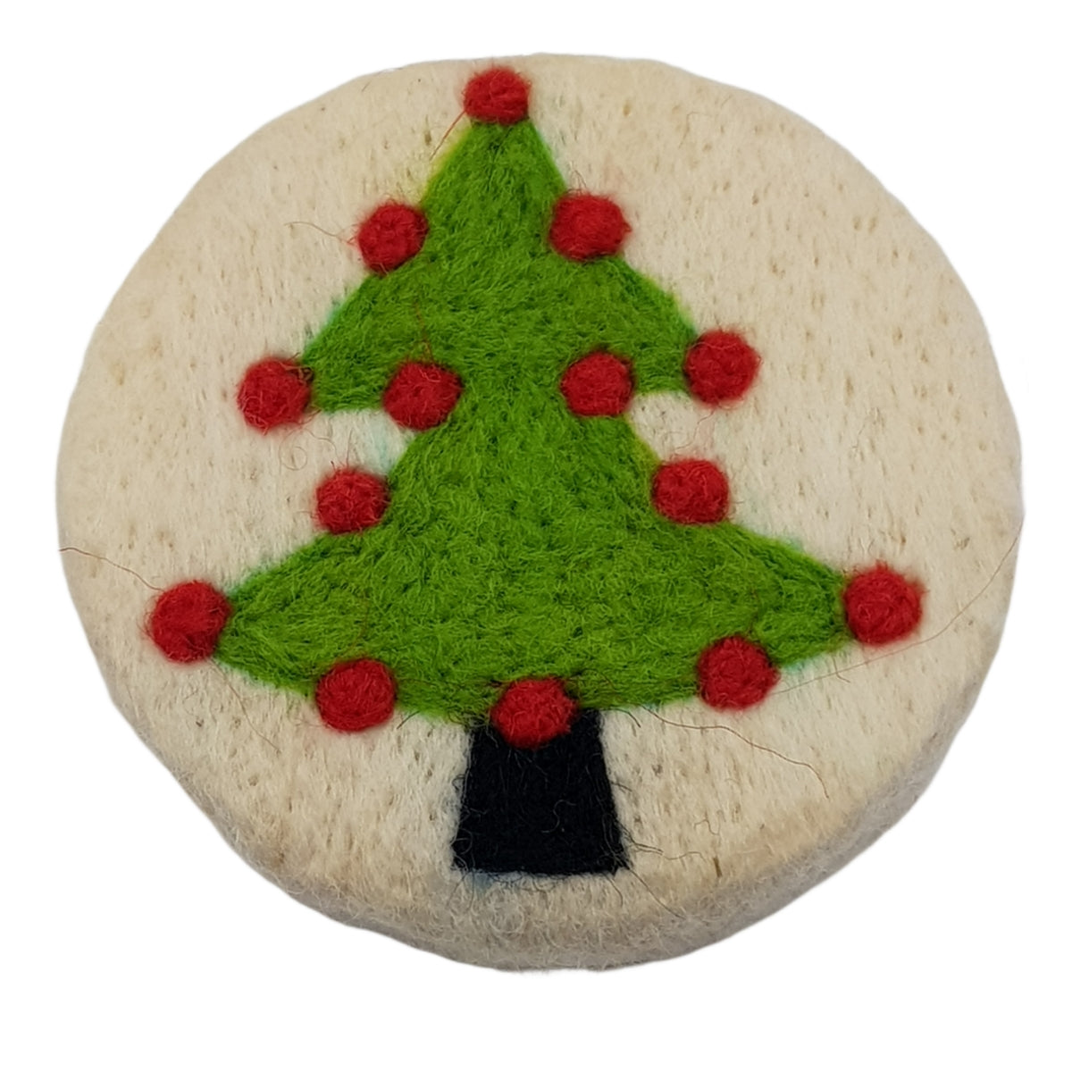 Round stone with a green tree and red berries design on a white background
