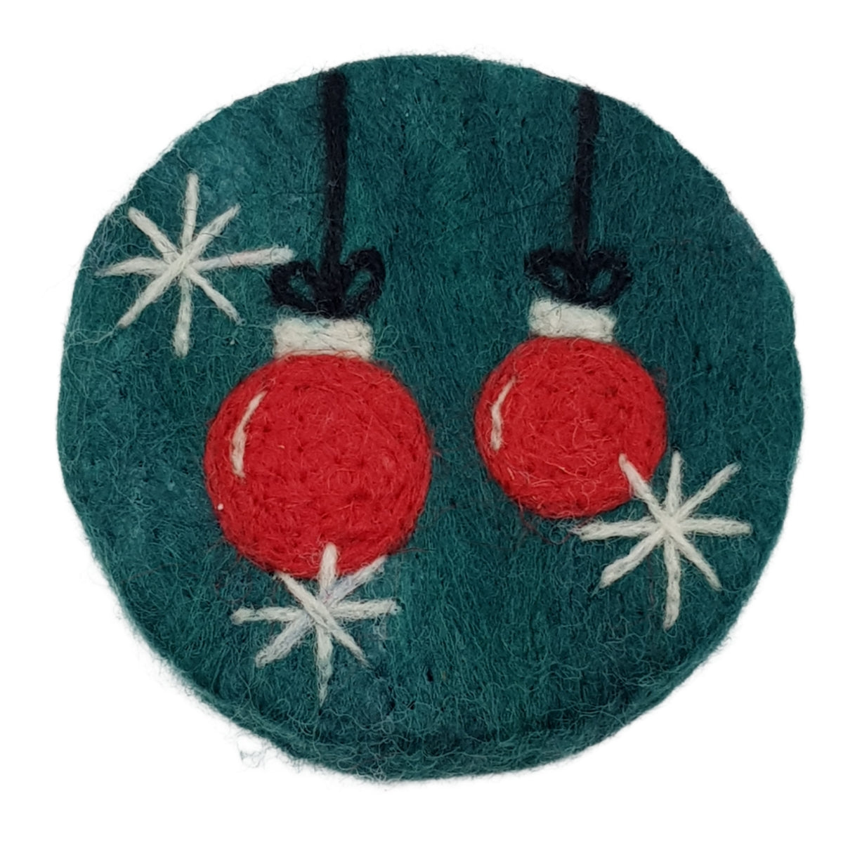 Felt ornament with red balls and white stars on a teal background