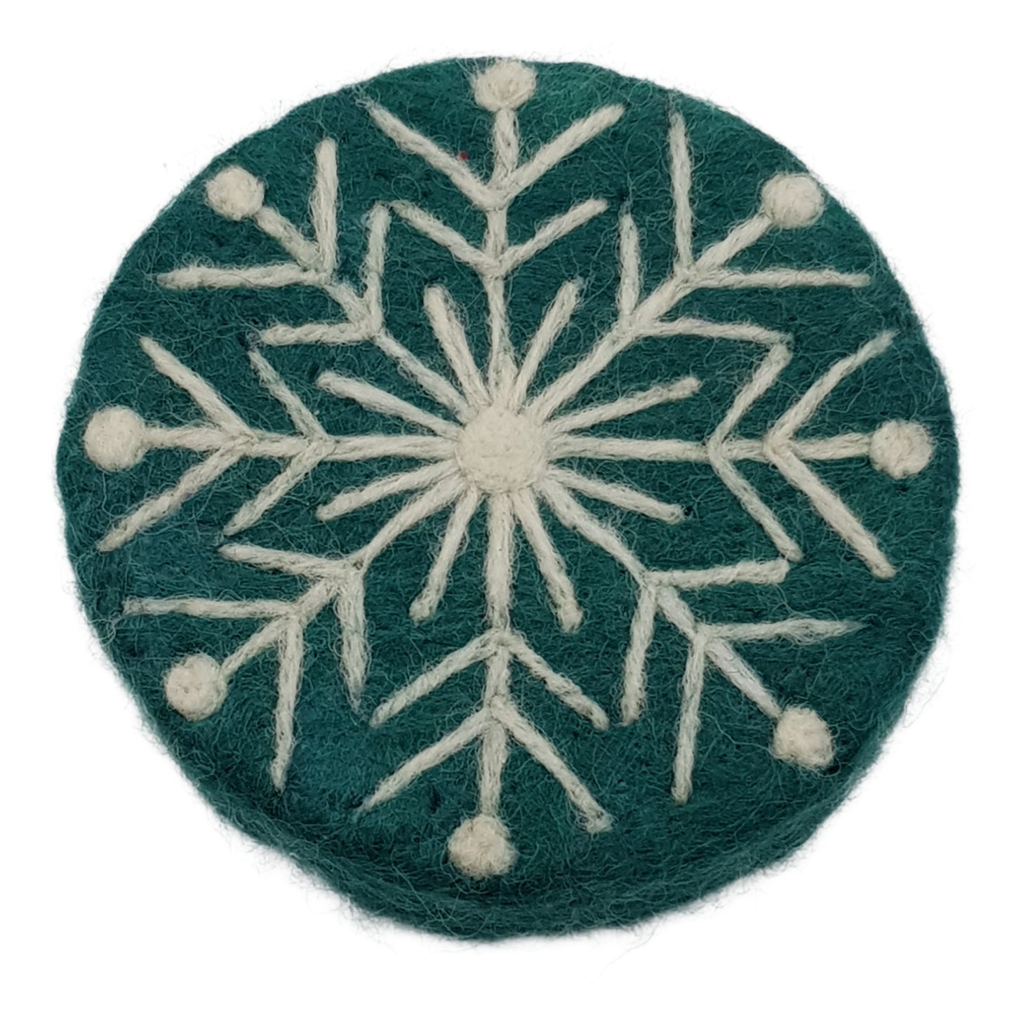 Felted snowflake design on a green background