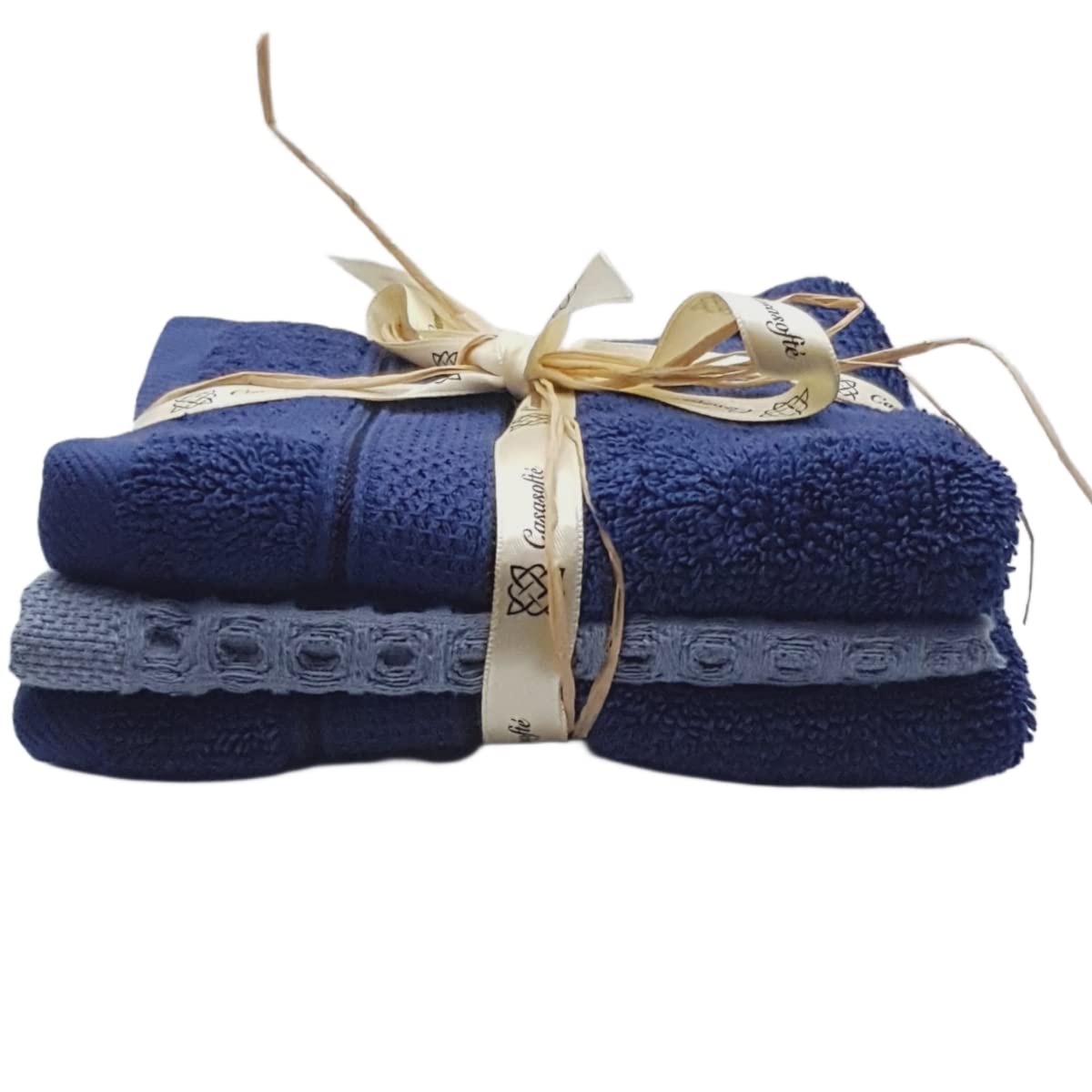 Stack of blue towels tied with a ribbon on a white background