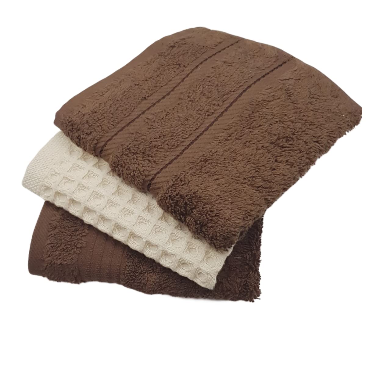 Stack of brown and beige textured towels on a white background