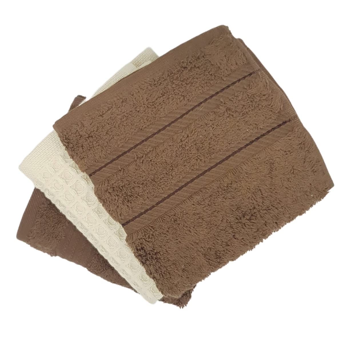 Stack of brown and beige towels on a white background