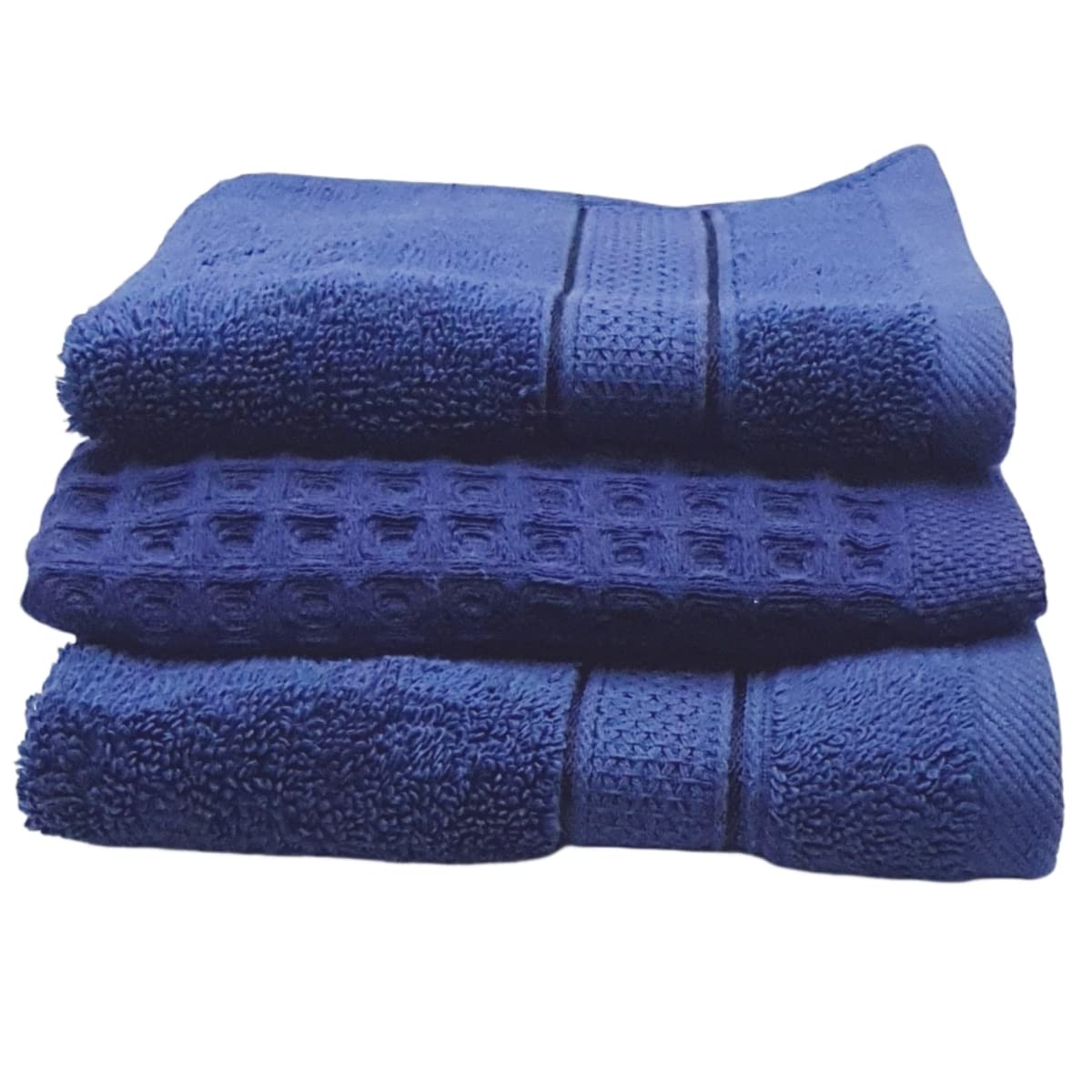 Stack of three blue towels on a white background