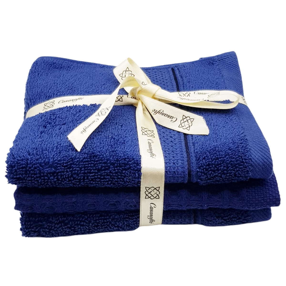 Stack of blue towels tied with a decorative ribbon on a white background