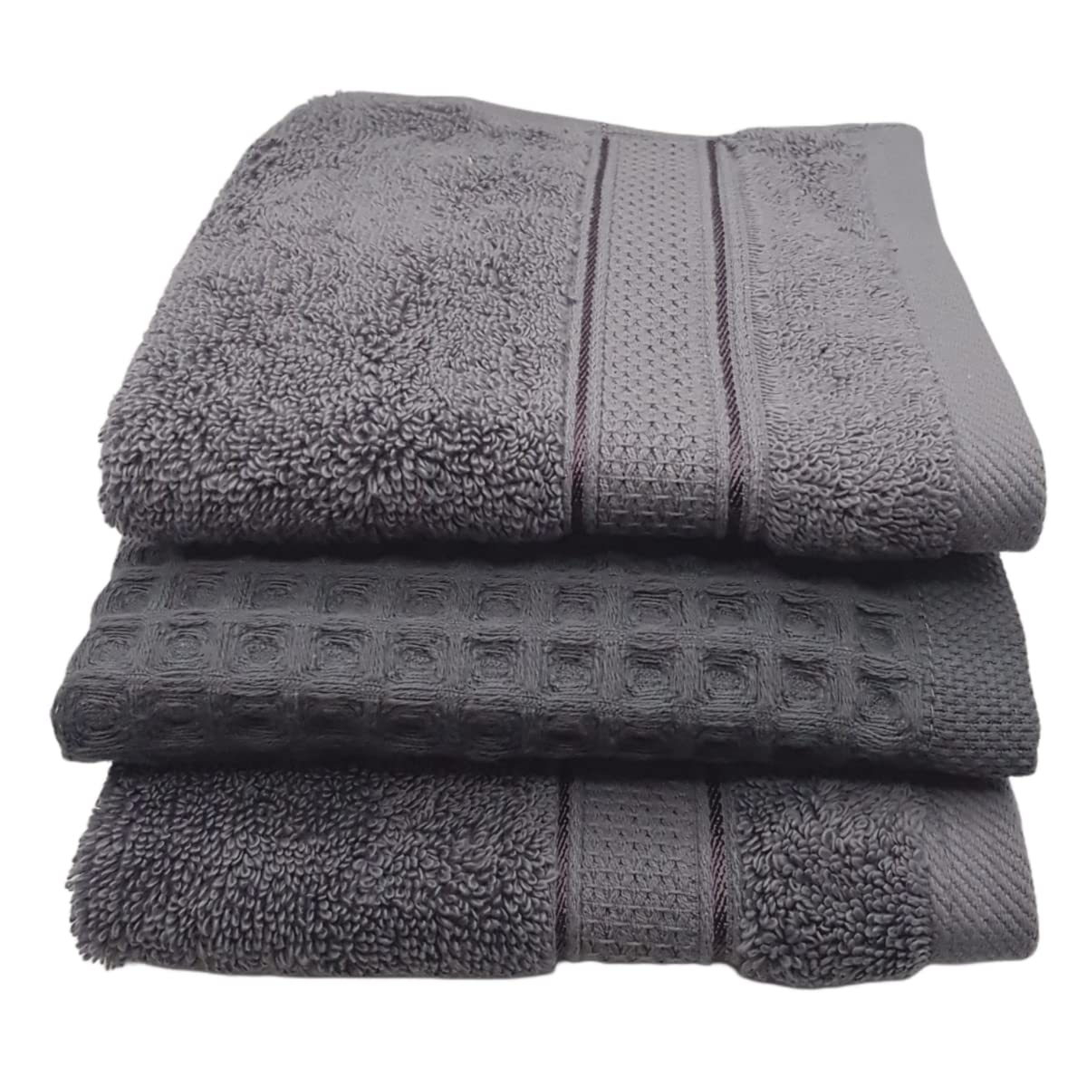Stack of gray towels with different textures on a white background