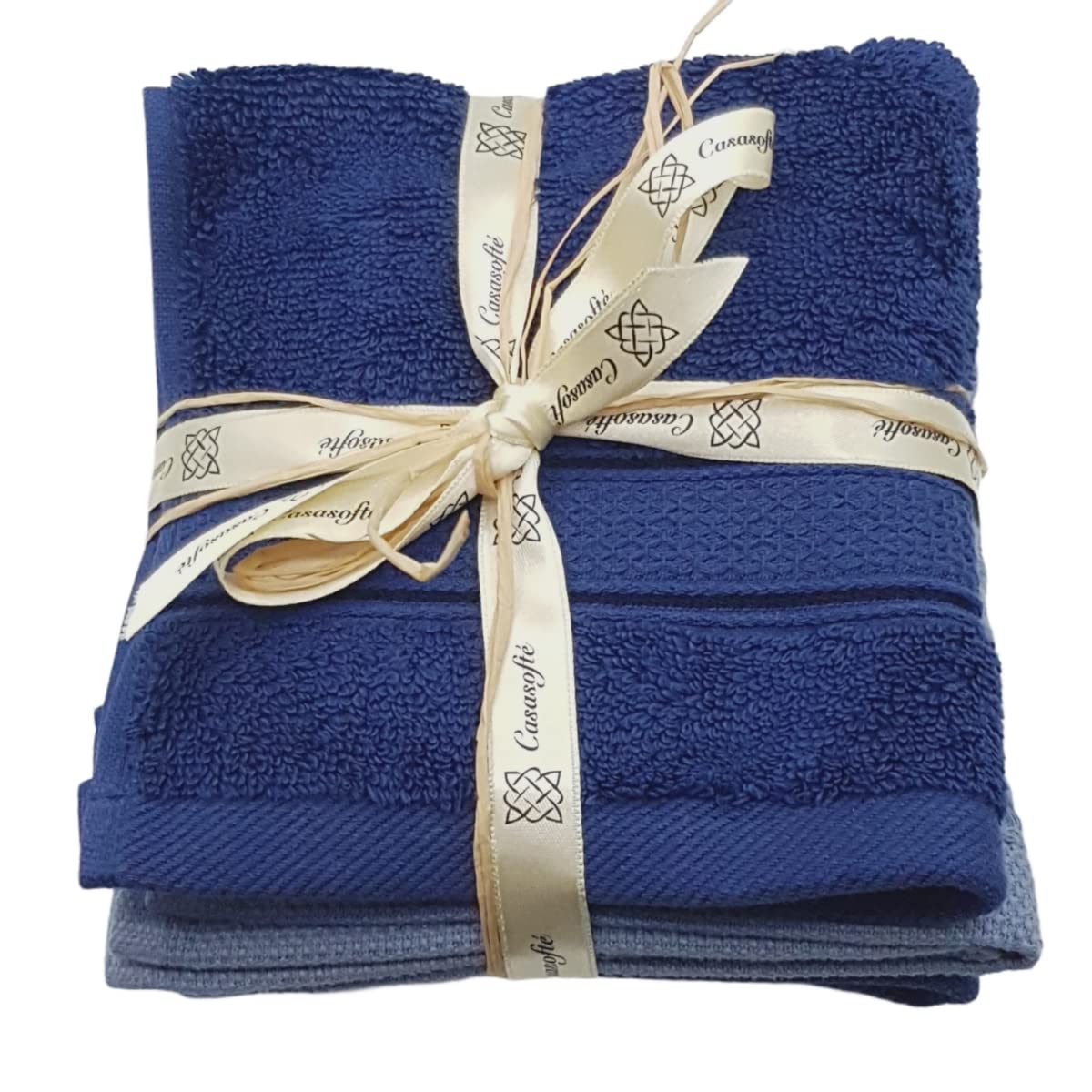 Folded blue towels tied with a decorative ribbon on a white background