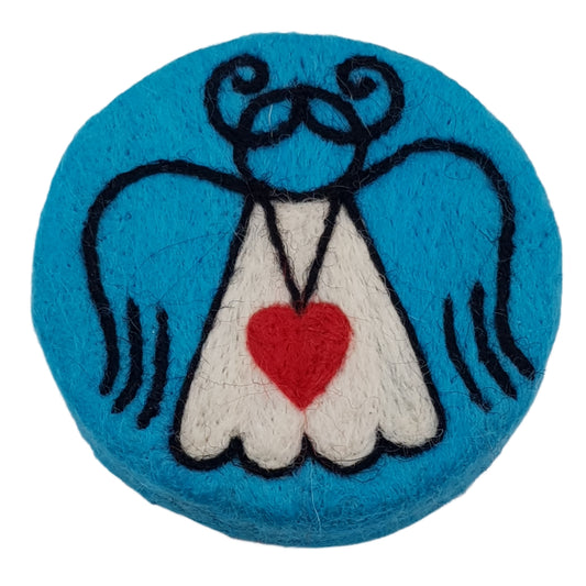 Round blue fabric patch with black outline, white center, red heart, and blue border on a white background