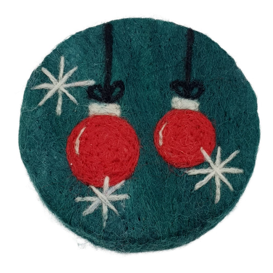 Felt ornament with red balls and white stars on a teal background