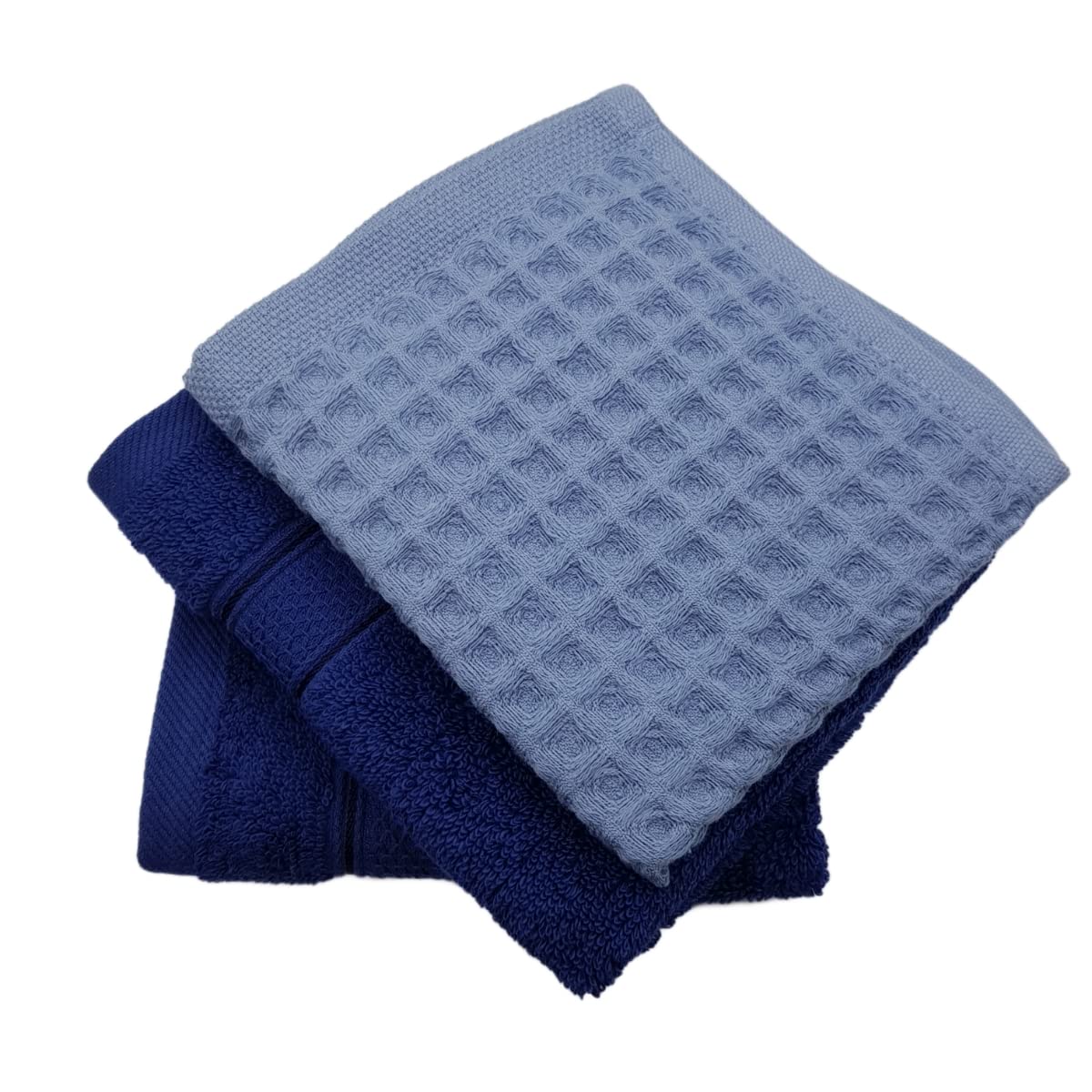 Two blue textured towels stacked on a white background