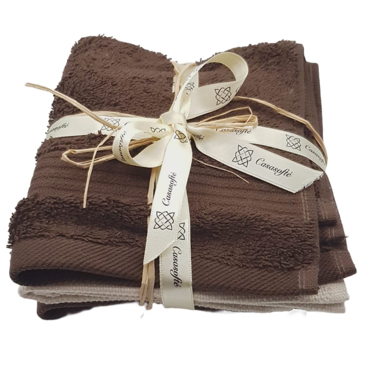 Brown towels with a decorative ribbon on a white background