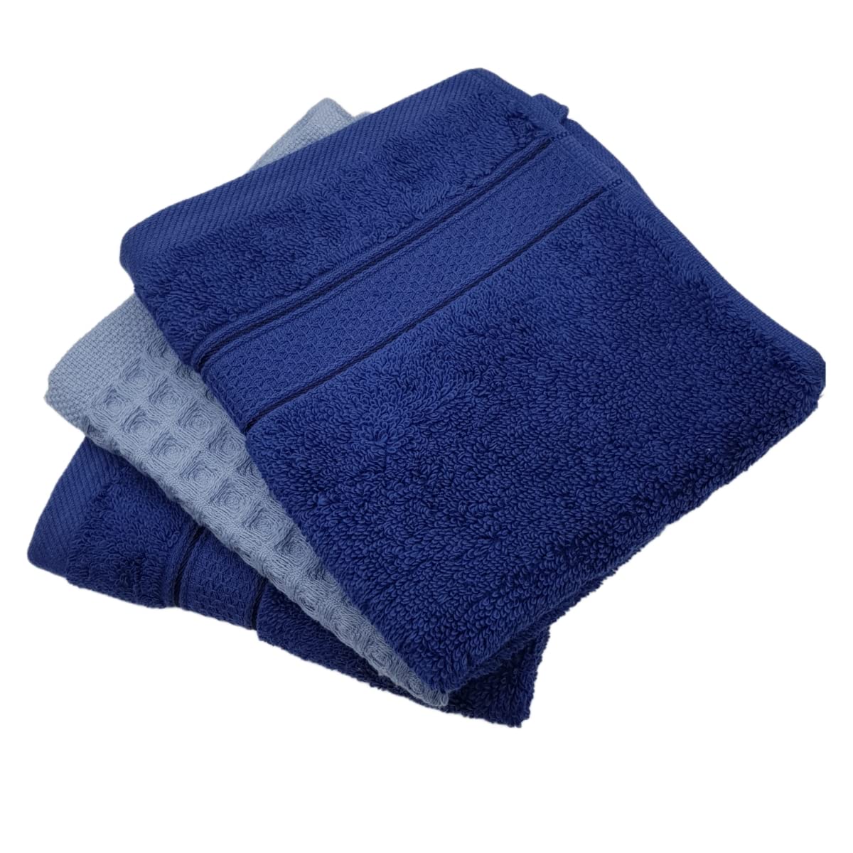 Stack of blue towels on a white background