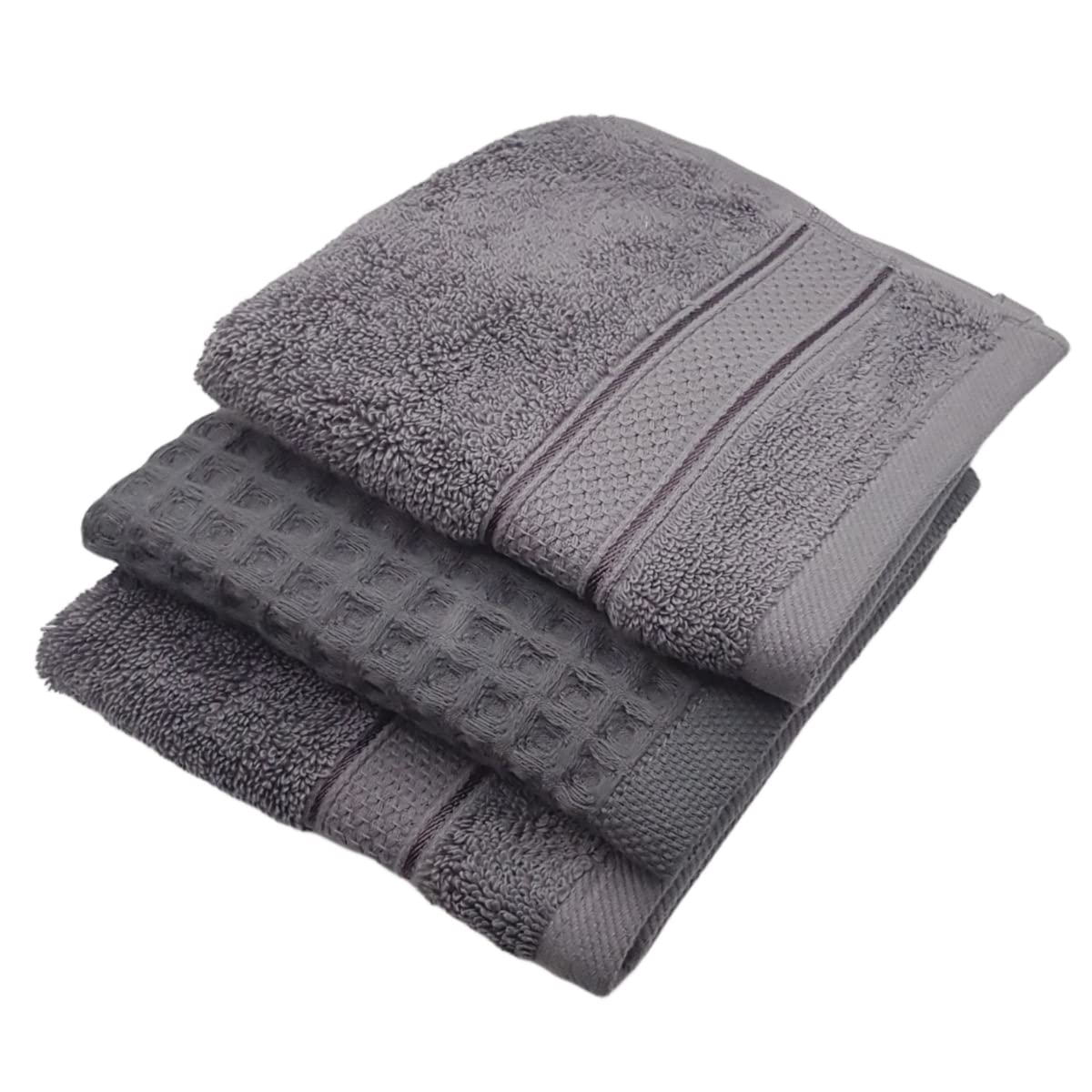 Three gray towels stacked on a white background